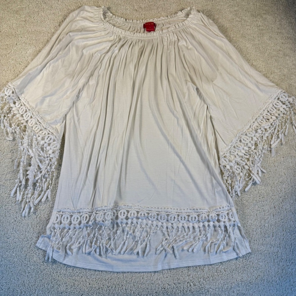 Sunny Leigh‎ Cream Crochet Fringe Trim Top Off Shoulder Boho Tunic Size M